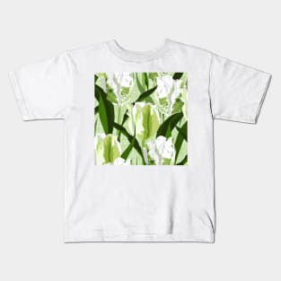 Large white / green parrot tulips on linen texture Kids T-Shirt